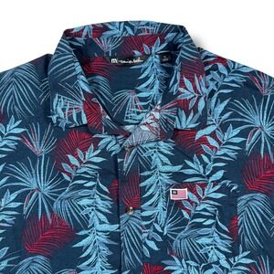 Travis Mathew Button Up Shirt Mens XL Blue Red Tropical Palm Leaf Short Sleeve